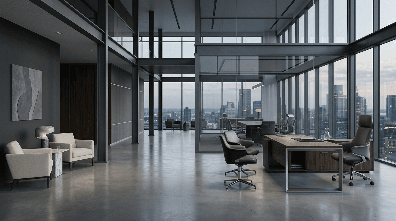 Modern executive office overlooking a city skyline